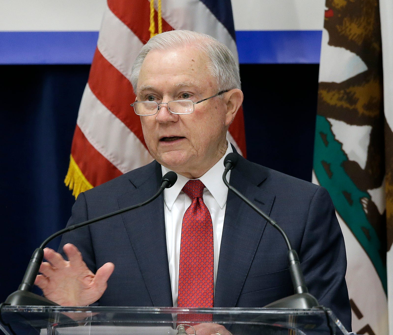 U.S. Attorney General Jeff Sessions addresses the California Peace Officers' Association at the 26th Annual Law Enforcement Legislative Day on Wednesday, March 7, 2018, in Sacramento. Sessions told law enforcement officers at the conference Wednesday