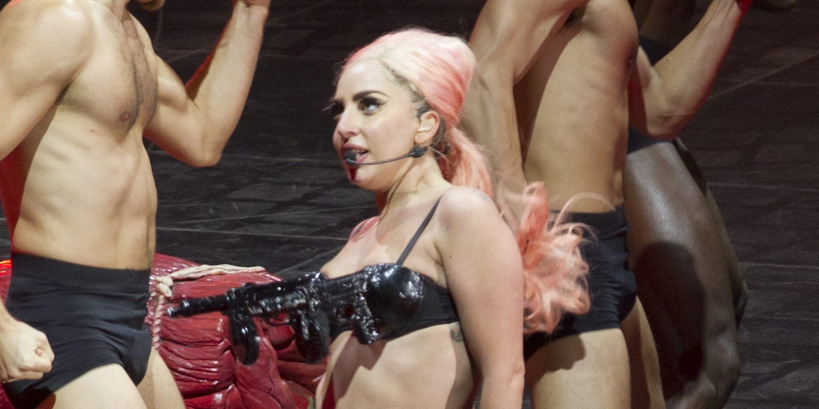 Lady Gaga Wears Assault Rifle Gun Bra On Stage