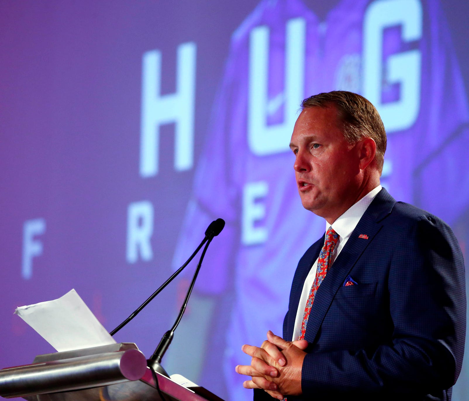 Mississippi NCAA college football coach Hugh Freeze speaks during the Southeastern Conference's annual media gathering July 13, 2017 in Hoover, Ala.