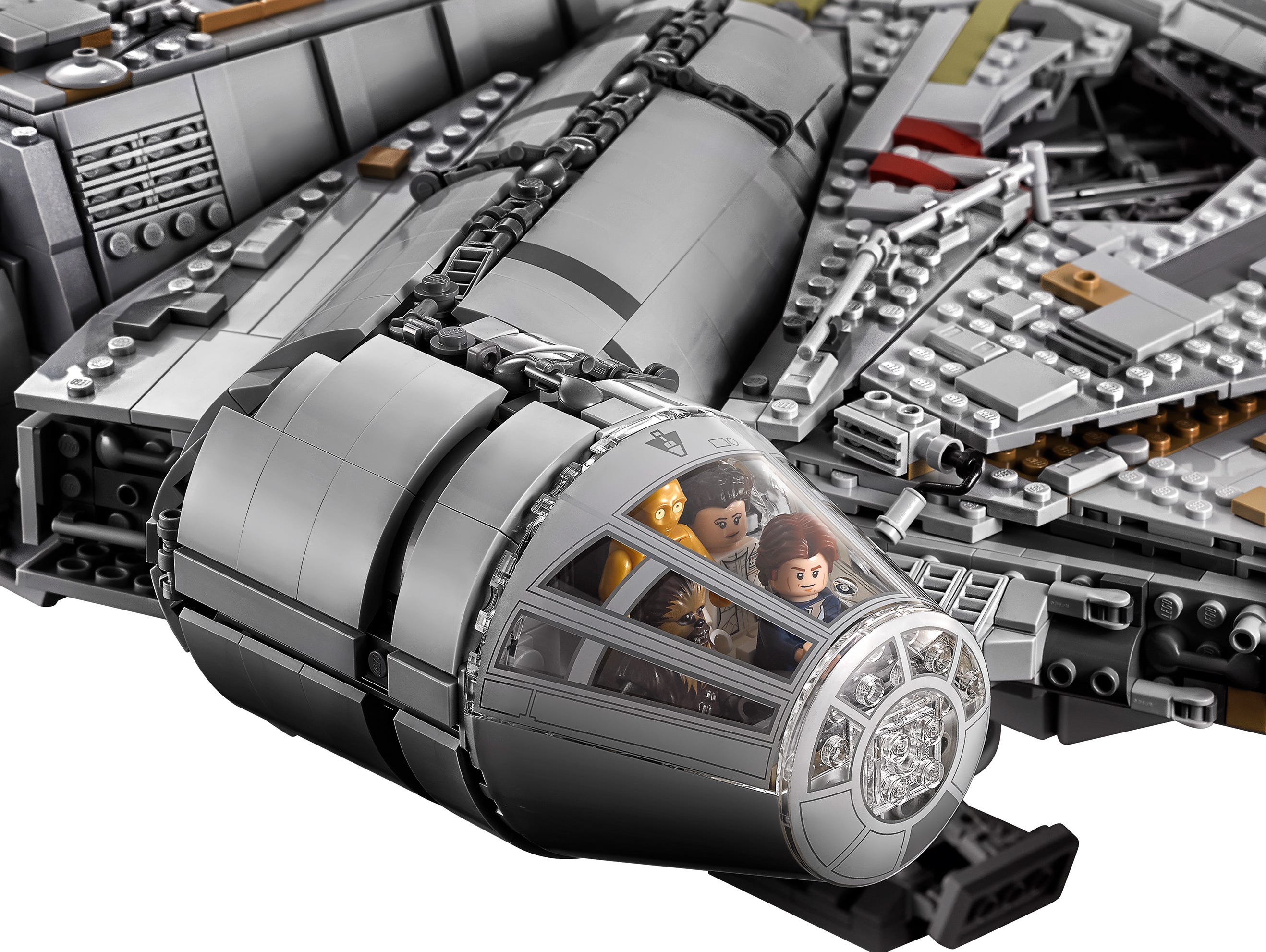 The new Lego Falcon's cockpit can hold four minifigures — or a whole bunch of Porgs.