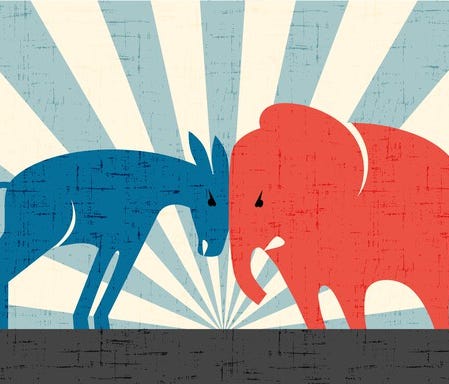 A blue Democrat donkey and red Republican elephant butting heads.