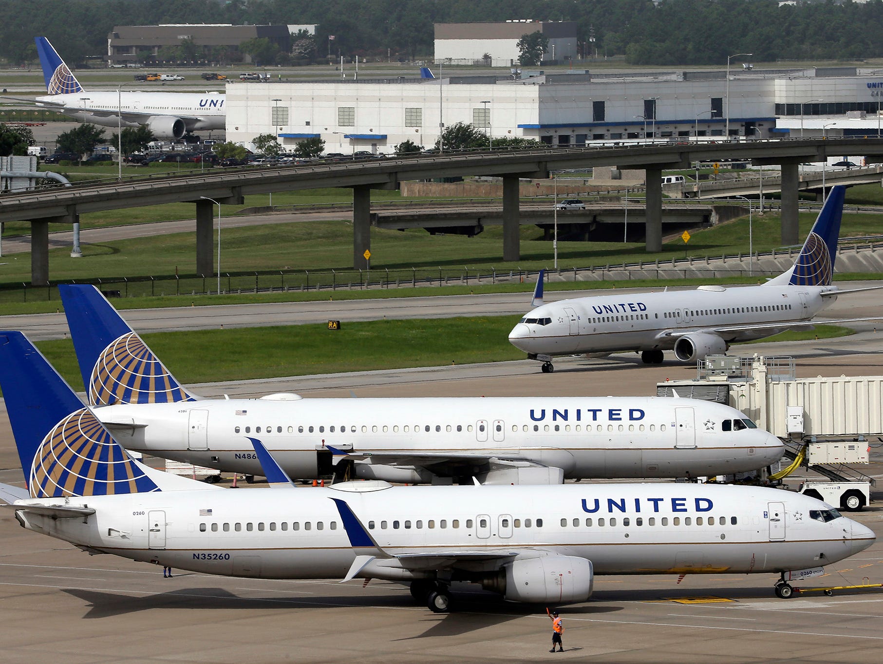 United Airlines planes at George Bush Intercontinental Airport in Houston on July 8, 2015. A video posted on Facebook on Sunday, April 9, 2017, shows a passenger on a United flight from Chicago to Louisville being forcibly removed from the plane.