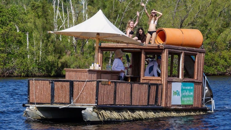 pontoon boat with lawn chairs