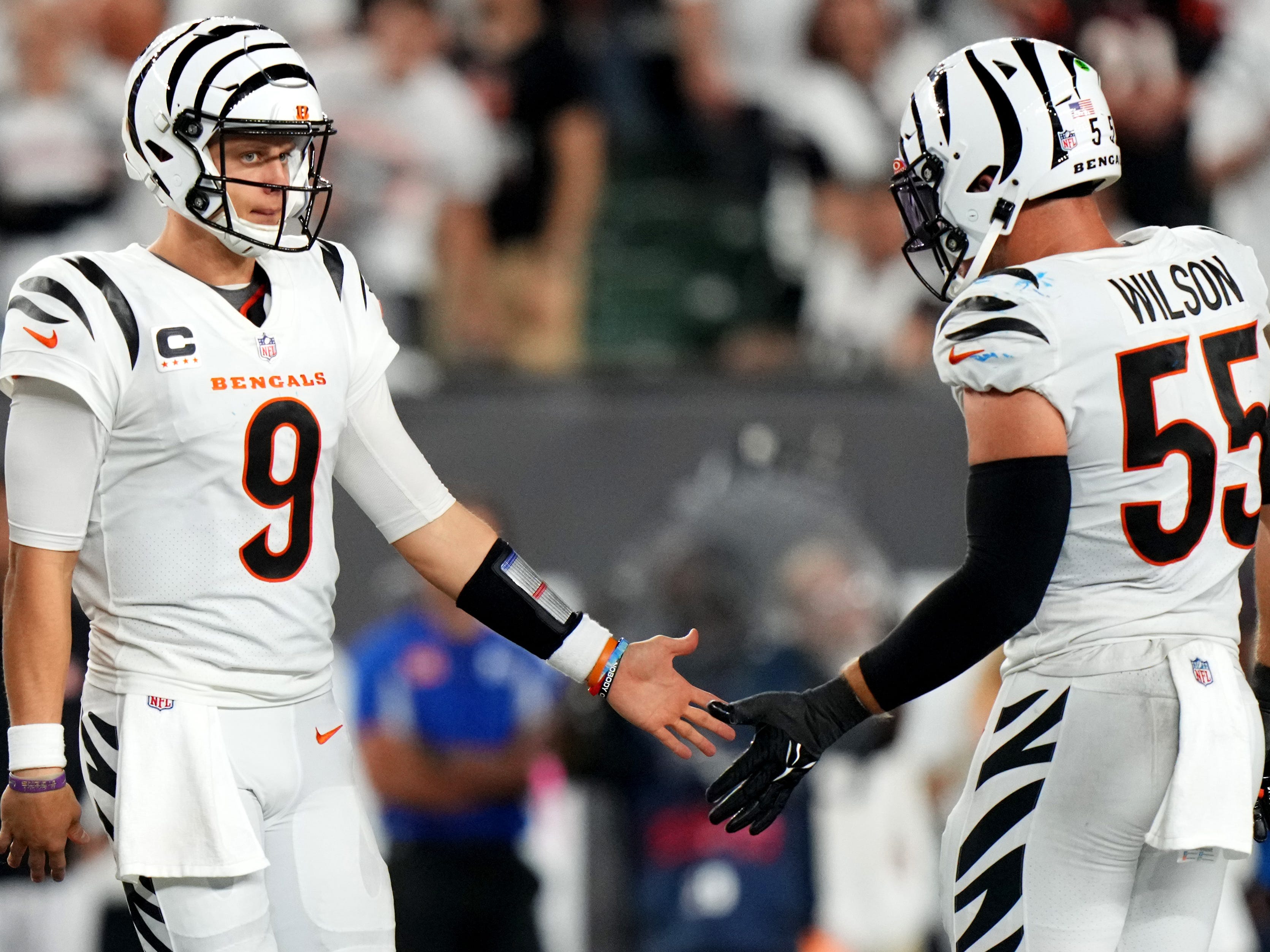 Cincinnati Bengals linebacker Logan Wilson (55) and Cincinnati Bengals  guard Hakeem Adeniji (77 …