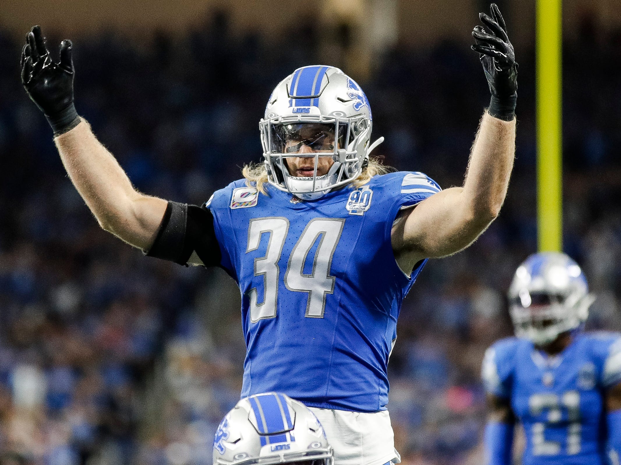 Charlotte, United States. 25th Aug, 2023. August 25, 2023: Detroit Lions  defensive tackle Cory Durden (90) celebrates after a sack in the fourth  quarter against the Carolina Panthers in the NFL matchup