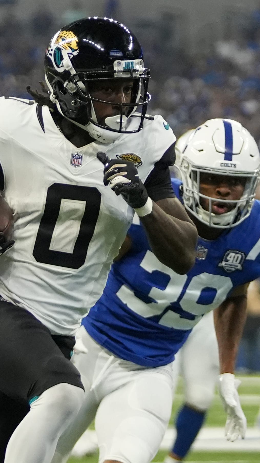 Jacksonville Jaguars wide receiver Parker Washington (11) is seen during  the first half of an NFL football game against the Dallas Cowboys,  Saturday, Aug. 12, 2023, in Arlington, Texas. Jacksonville won 28-23. (