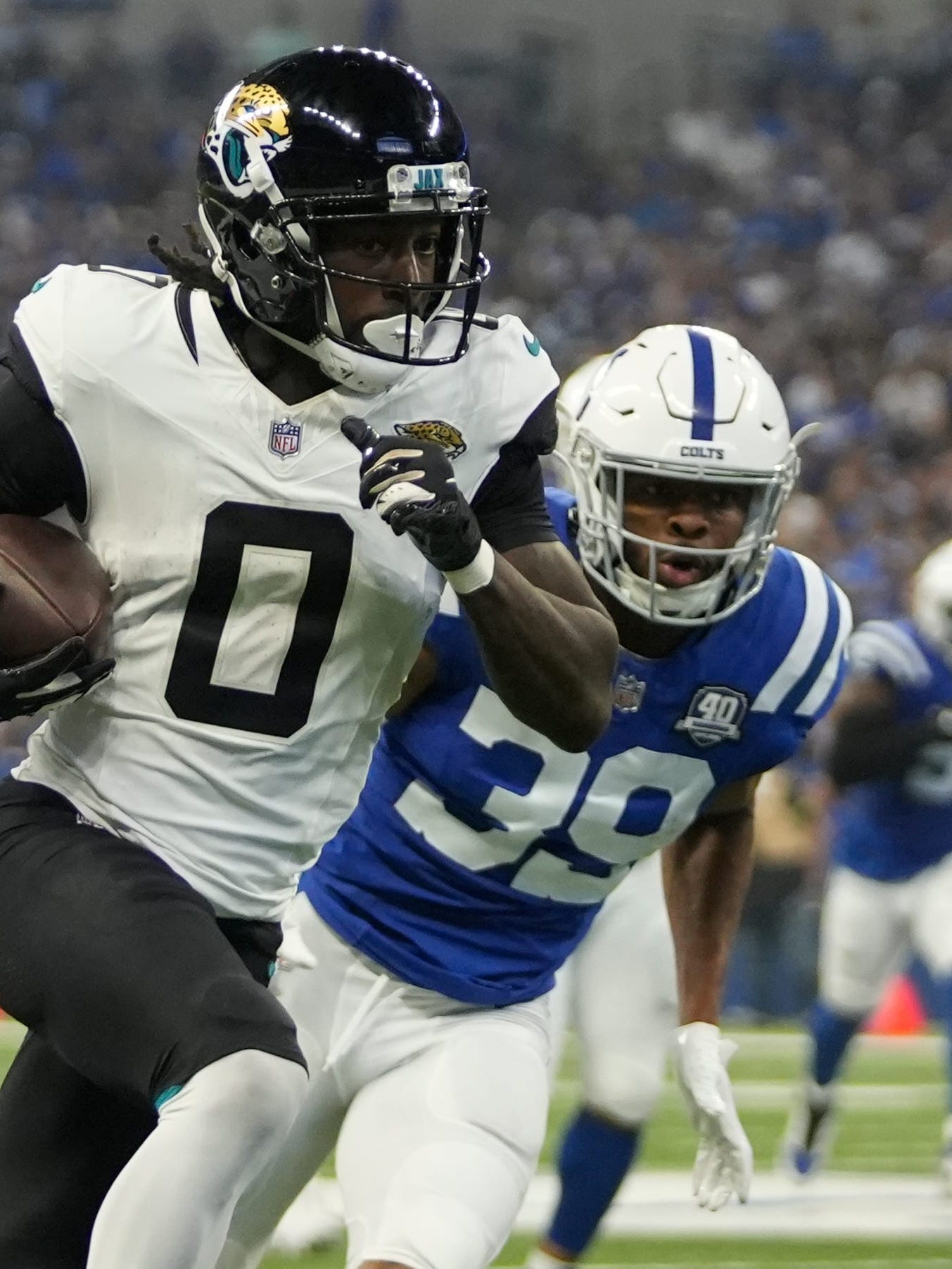 Jacksonville Jaguars wide receiver Parker Washington (11) is seen during  the first half of an NFL football game against the Dallas Cowboys,  Saturday, Aug. 12, 2023, in Arlington, Texas. Jacksonville won 28-23. (