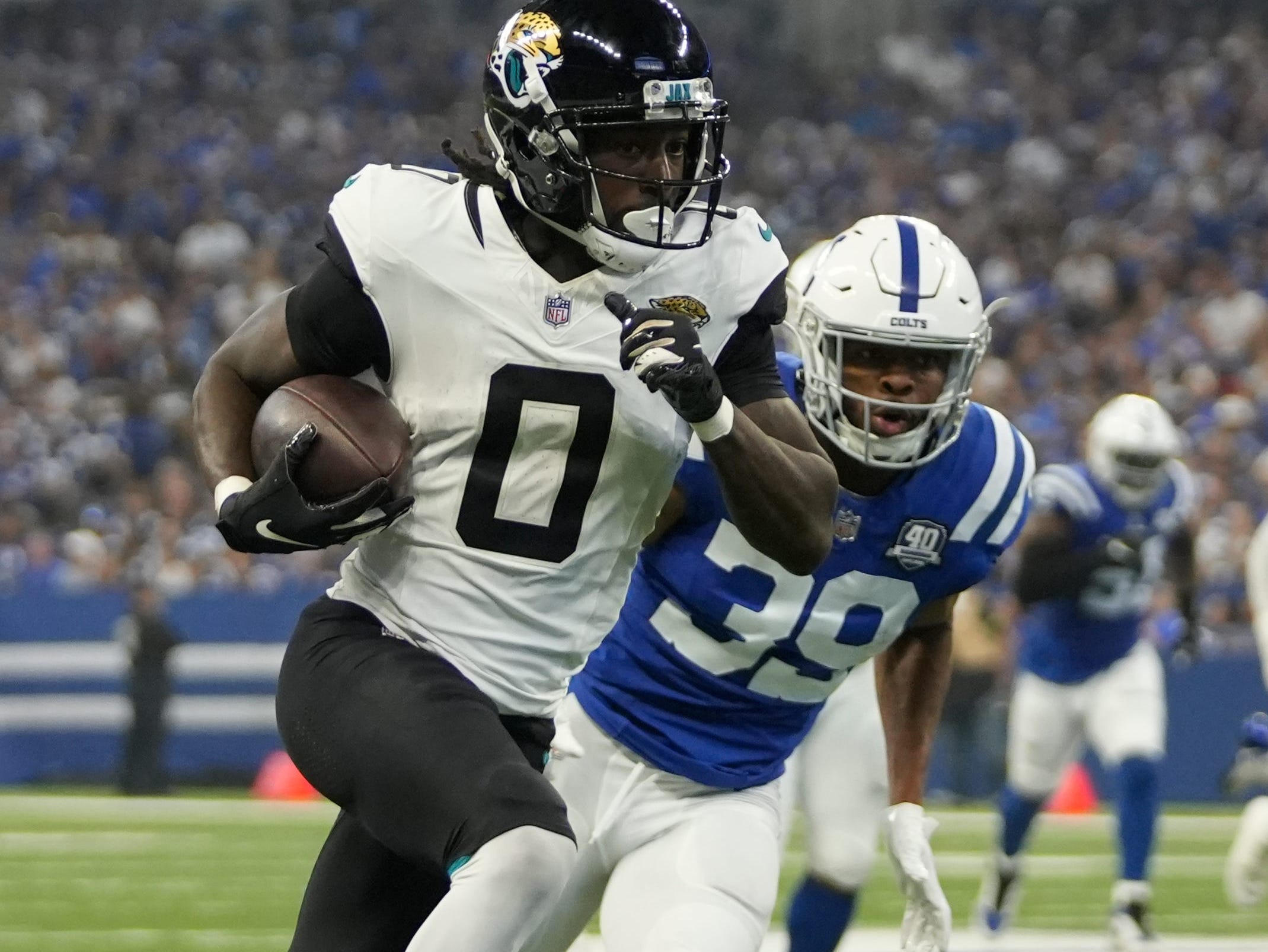 Jacksonville Jaguars wide receiver Parker Washington (11) is seen during  the first half of an NFL football game against the Dallas Cowboys,  Saturday, Aug. 12, 2023, in Arlington, Texas. Jacksonville won 28-23. (