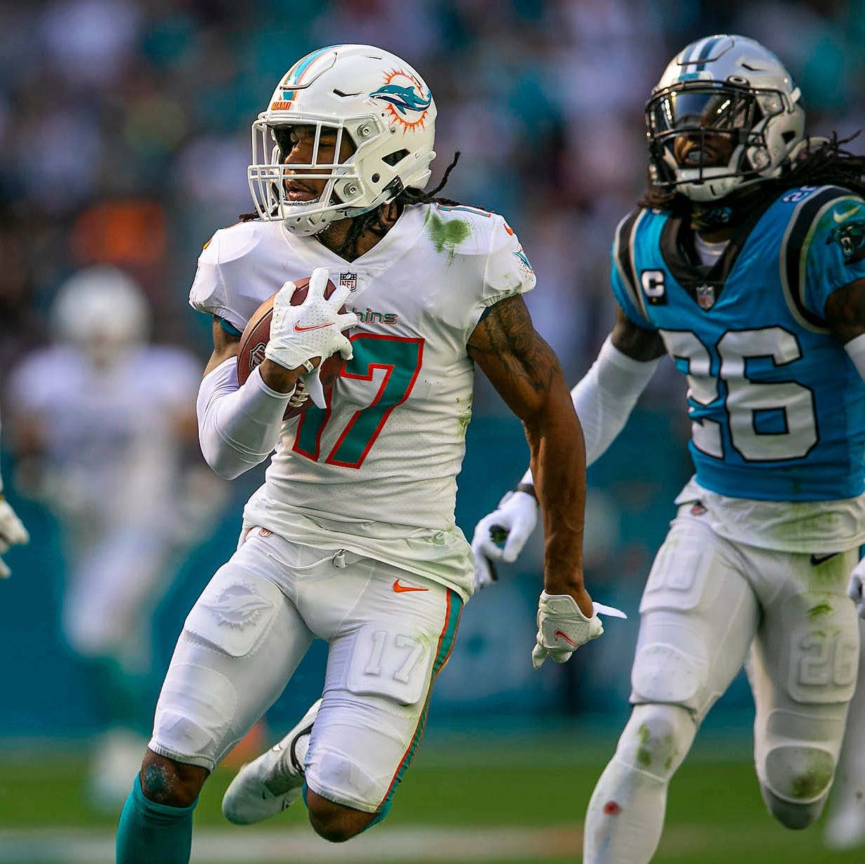 Los Angeles, United States. 10th Sep, 2023. Miami Dolphins wide receiver  River Cracraft (85) reacts after making a catch against the Los Angeles  Chargers during an NFL football game. Miami Dolphins 36:34