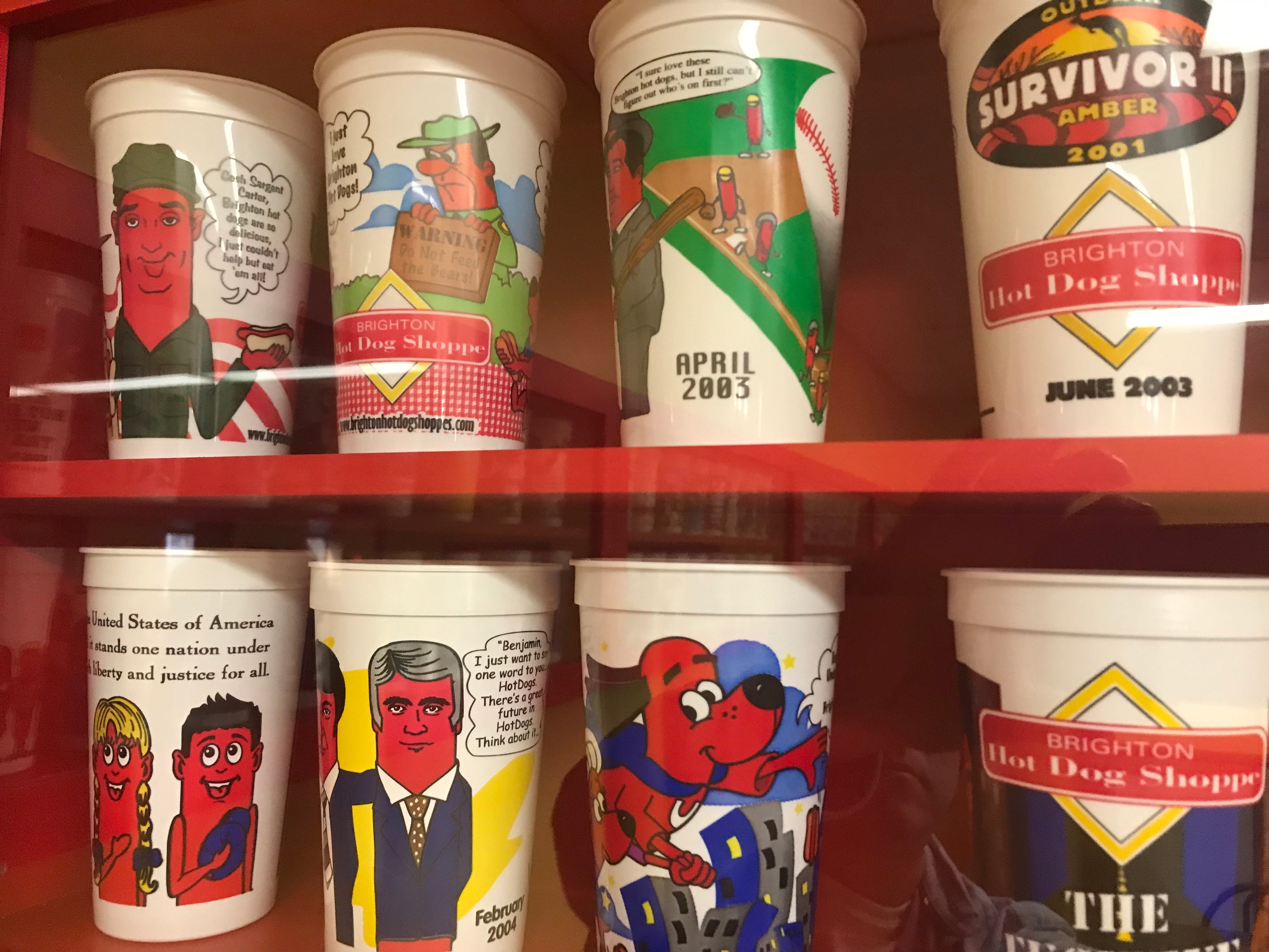 All 162 Brighton Hot Dog Shoppe fun cups displayed at Chippewa store