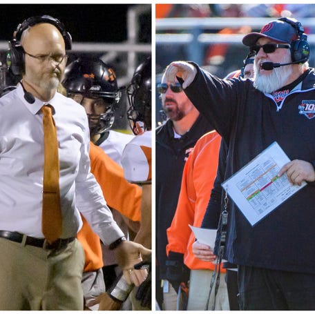 Elmwood/Brimfield coach Todd Hollis, left, and Washington coach Darrell Crouch, right, are part of the Illinois High School Football Coaches Association hall of fame class in 2024.