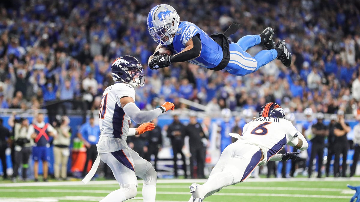 Detroit Lions' AmonRa St. Brown flips in for touchdown against Broncos