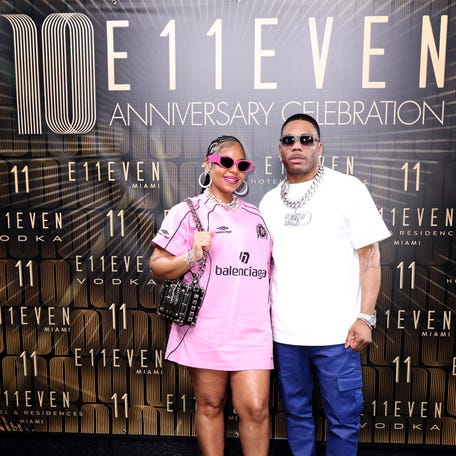 Ashanti and Nelly arrive at E11EVEN Miami during the 10th Anniversary of E11EVEN celebration on Feb. 2, 2024, in Miami, Florida.
