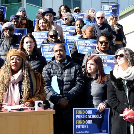 Mount Vernon Acting Superintendent K. Veronica Smith speaks at a rally against the proposed state foundation aid cuts to schools at Benjamin Turner Academy in Mount Vernon March 1, 2024. Mount Vernon is one of half of the districts in the state to receive less funding.
