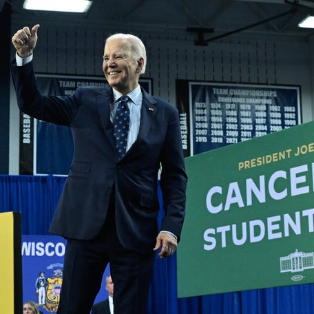 President Joe Biden campaigns on student loan debt relief in Madison, Wis., on April 8, 2024.