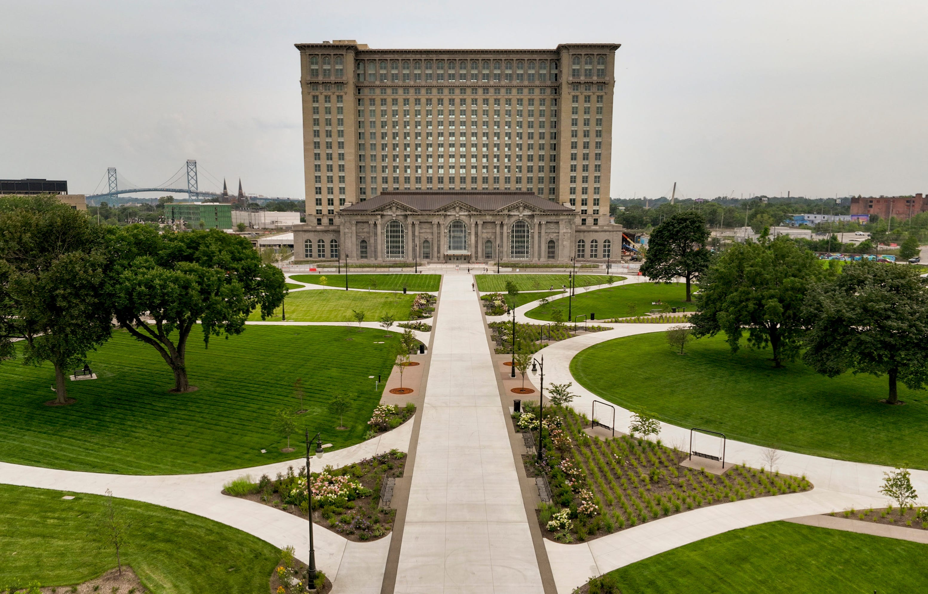 The renovated Michigan Central Station at Roosevelt Park in Detroit.