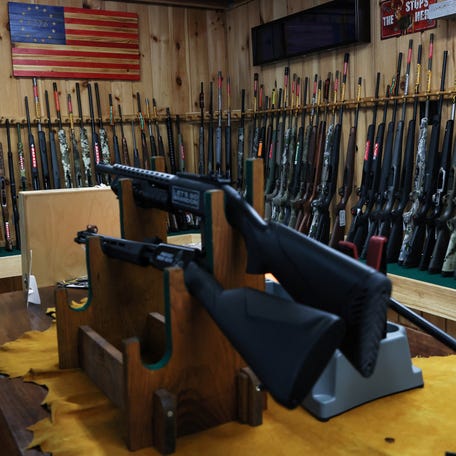 Various types of firearms are seen on display at Calamity Jane's Firearms and Fine Shoes in Hudson Falls, New York on July 20, 2022.