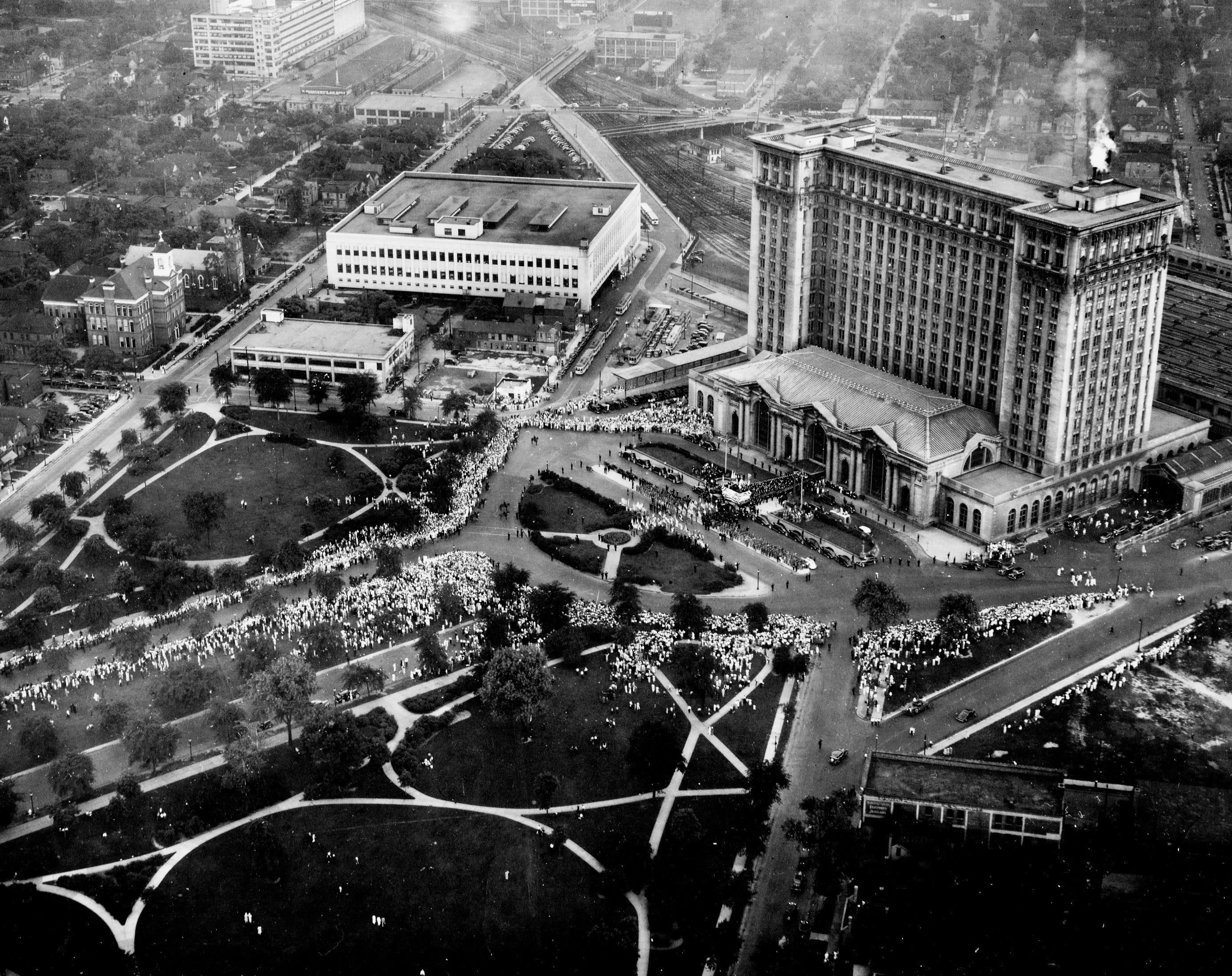 An aerial image depicts Michigan Central Depot on Aug. 13, 1937.