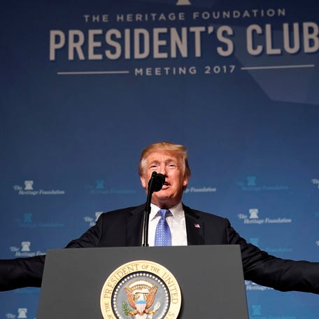 Then-U.S. President Donald Trump speaks to the Heritage Foundation's President's Club Meeting in Washington, D.C. on October 17, 2017.