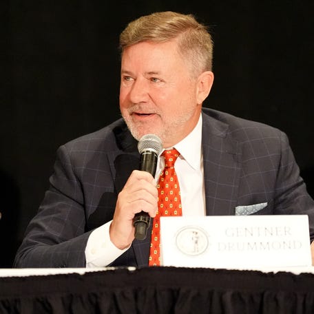 Attorney General Gentner Drummond speaks during the Sovereignty Symposium at the the Skirvin Hilton in Oklahoma City, Tuesday, June, 11, 2024.