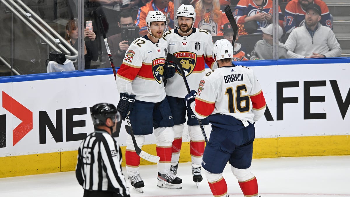 Game 3: Florida Panthers center Sam Reinhart (13) celebrates a goal with defenseman Gustav Forsling (42) and center Aleksander Barkov (16) in the first period against the Edmonton Oilers.