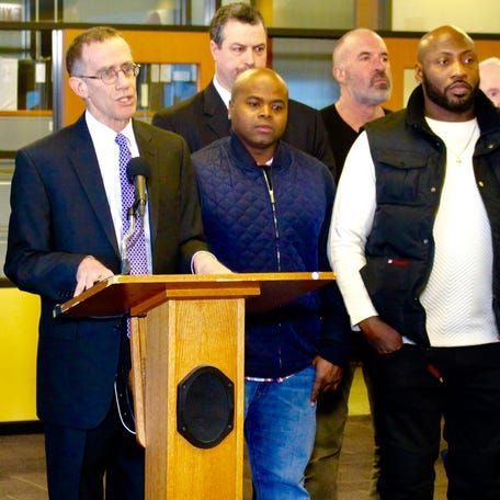 LaShawn Ezell, Charles Johnson, Larod Styles and Troshawn McCoy attend a news conference in 2018 announcing a lawsuit against Chicago police officers behind their wrongful convictions for a double murder in 1995.