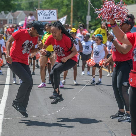 Members of the 40+ Double Dutch Club show off their skills during the inaugural Ernestine Jackson Juneteenth Freedom Day Parade on Saturday, June 15, 2024 in South Peoria. The parade, honoring community activist and Peoria's first Equal Employment Opportunity Officer Ernestine Jackson, kicked off the annual Juneteenth Festival at John Gwynn Park.