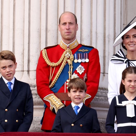 Britain's William, Prince of Wales, Catherine, Princess of Wales, Prince George, Princess Charlotte, Prince Louis appear on the balcony of Buckingham Palace as part of the Trooping the Colour parade to honour Britain's King Charles on his official birthday in London, Britain, June 15, 2024.