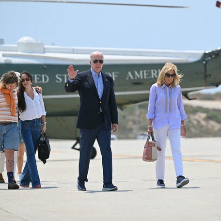 President Joe Biden and First Lady Jill Biden with daughter Ashley and granddaughters Maisy make their way to board Air Force One before departing Los Angeles International Airport in Los Angeles, California on June 16, 2024.