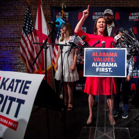 U.S. Senate candidate Katie Britt delivers her primary race victory speech during an election night party in Montgomery, Ala., on Tuesday, May 24, 2022.