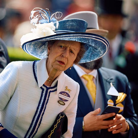 Britain's Princess Anne, Princess Royal reacts upon arrival on the second day of the Royal Ascot horse racing meeting, in Ascot, west of London, on June 19, 2024.