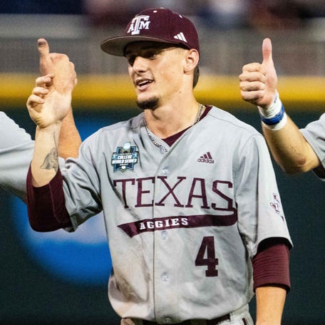 Texas A&M center fielder Travis Chestnut (4) congratulates teammates after the team's defeat of Kentucky during the College World Series at Charles Schwab Field Omaha.