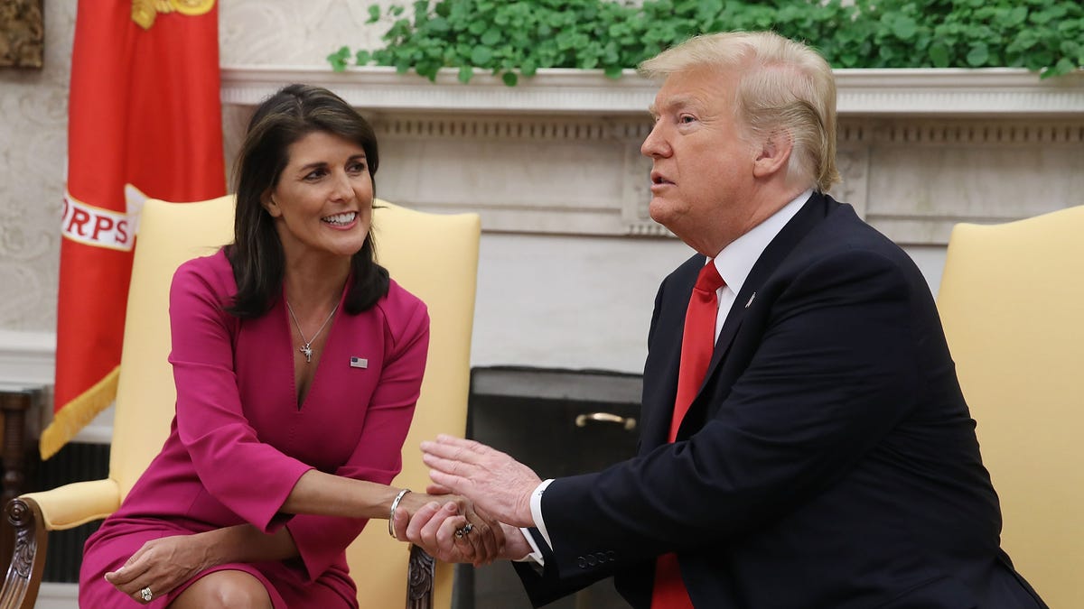 President Donald Trump announces that he has accepted the resignation of Nikki Haley as US Ambassador to the United Nations, in the Oval Office on Oct. 9, 2018 in Washington, DC. (Photo by Mark Wilson/Getty Images)
