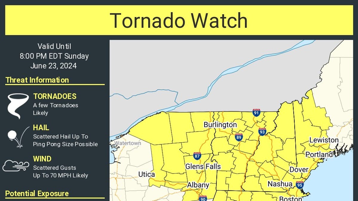 Tornado watch issued for parts of New Hampshire, Maine, Massachusetts until 8 p.m.