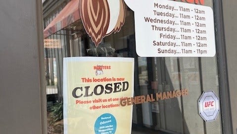 A sign Monday, June 24, 2024, at Hooters in San Angelo announcing its closing at an unspecified time.