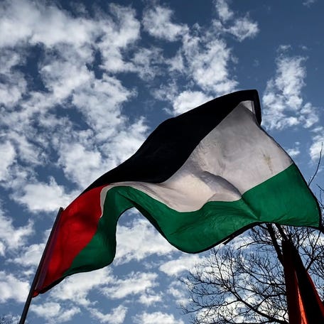 A Palestinian flag is show during a rally on Friday, Feb. 9, 2024 in Wayne, N.J.