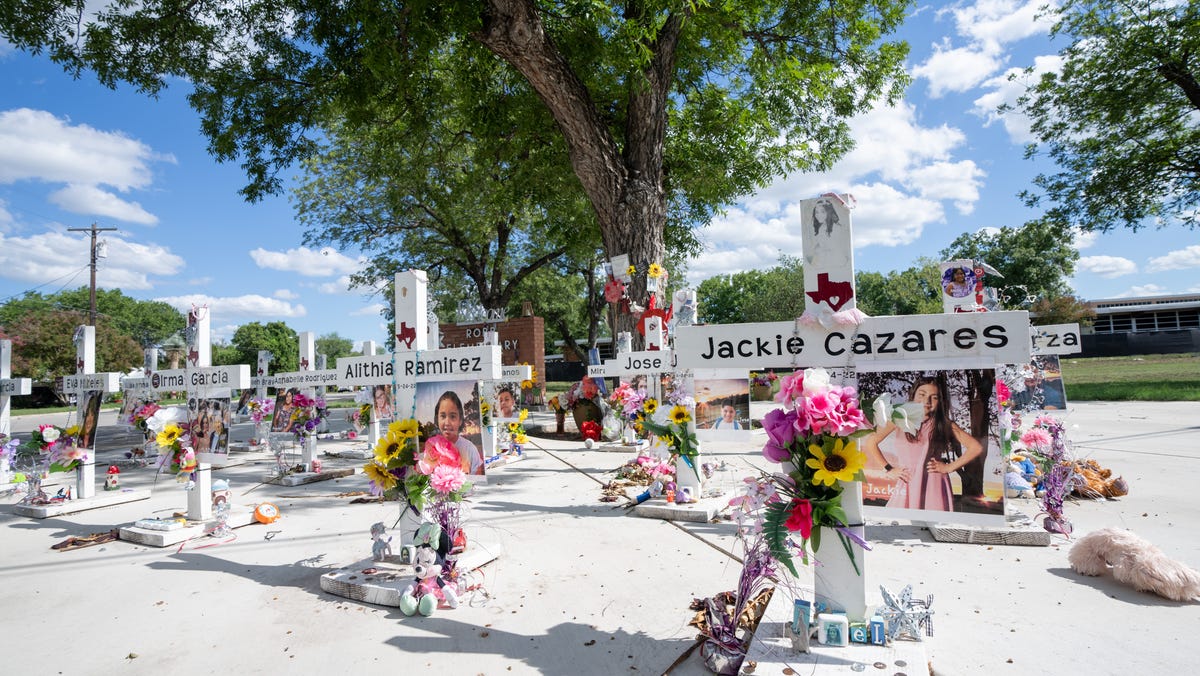 Memorials honor the lives lost at Robb Elementary School in Uvalde, Texas Tuesday, June 25, 2024.