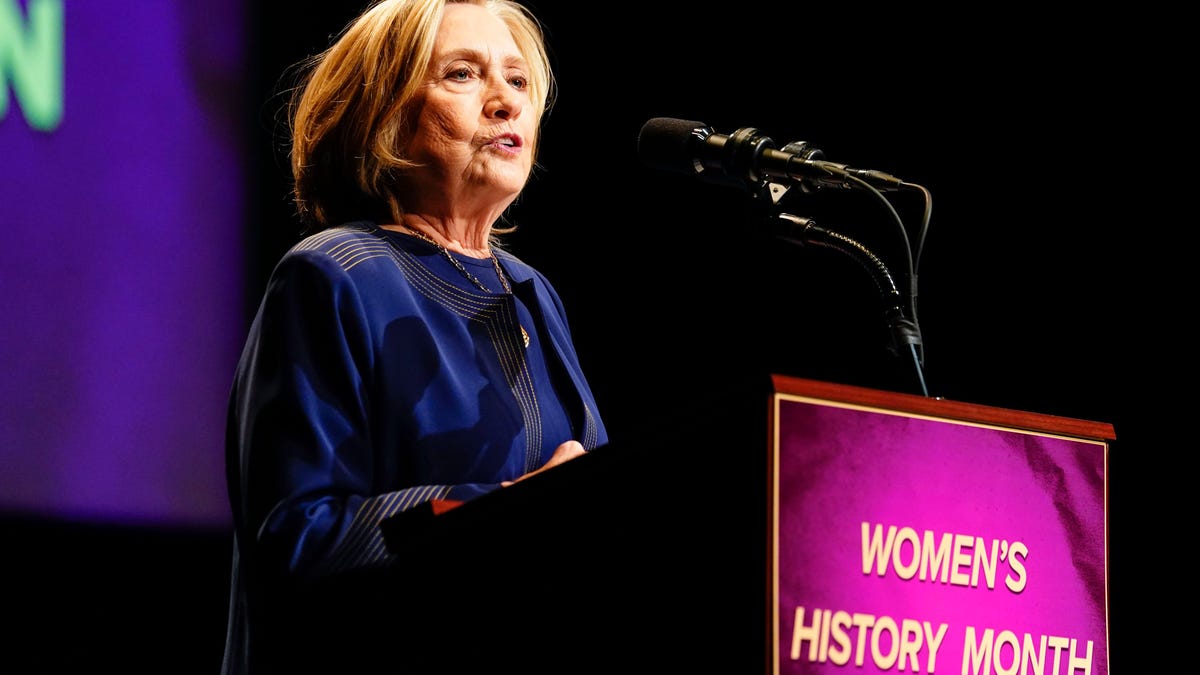 Former Secretary of State Hillary Clinton delivers the keynote address at the 12th annual Evangelina Menendez Women's History Month celebration at Montclair State University on Sunday, March 26, 2023.