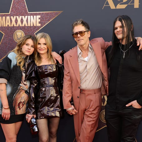 HOLLYWOOD, CALIFORNIA - JUNE 24: (L-R) Sosie Bacon, Kyra Sedgwick, Kevin Bacon and Travis Bacon attend the World Premiere of A24's "MAXXXINE" at TCL Chinese Theatre on June 24, 2024 in Hollywood, California. (Photo by Kevin Winter/Getty Images) ORG XMIT: 776115264 ORIG FILE ID: 2159089803