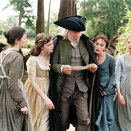 Talulah Riley, Carey Mulligan, Donald Sutherland, Keira Knightley and Rosamund Pike in a scene from the motion picture "Pride and Prejudice."