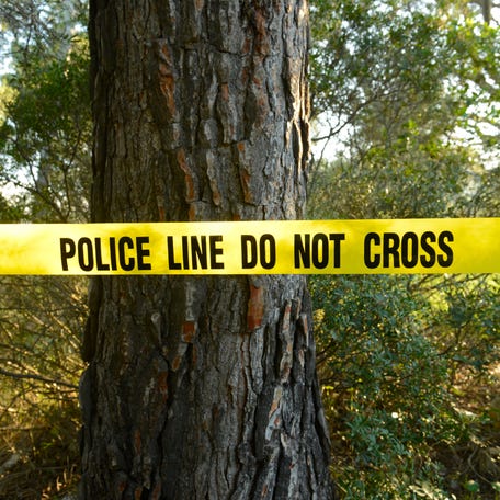 Crime scene in the forest with yellow police line do not cross tape