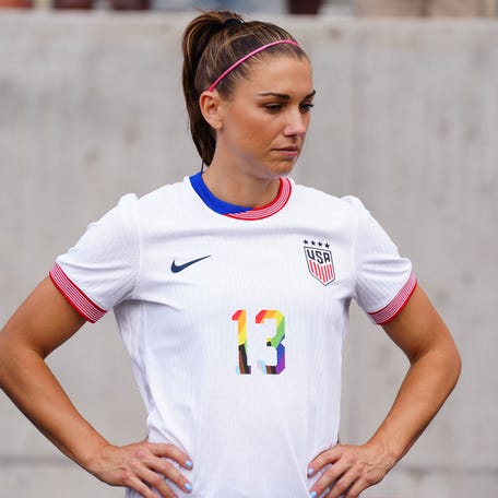 USA women's forward midfielder Alex Morgan (13) before the match against Korea Republic. Morgan will not compete in the 2024 Paris Olympics. New coach Emma Hayes left her off the USWNT roster for the first time since 2008.