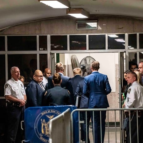 May 30, 2024; New York, NY, USA; Former President Donald Trump exits after a guilty verdict at Manhattan criminal court. Trump was convicted on 34 counts of falsifying business records related to the hush money payment to adult film actress Stormy Daniels. He has pleaded not guilty and denied a relationship with Daniels. Mandatory Credit: Mark Peterson/Pool via USA TODAY NETWORK