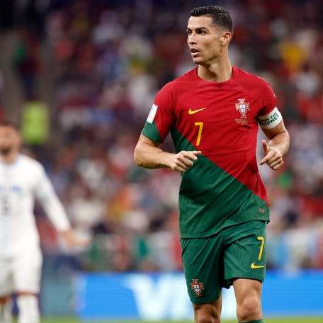 Nov 28, 2022; Lusail, Qatar; Portugal forward Cristiano Ronaldo (7) against Uruguay during the second half of the group stage match in the 2022 World Cup at Lusail Stadium. Mandatory Credit: Yukihito Taguchi-USA TODAY Sports