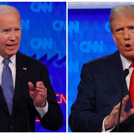 Democratic Party presidential candidate U.S. President Joe Biden and Republican presidential candidate, former U.S. President Donald Trump, speak during a presidential debate in Atlanta on June 27, 2024 in a combination photo provided by Reuters.