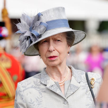 Princess Anne meets guests during the Sovereign's Royal National Lifeboat Institution Garden Party at Buckingham Palace in London on May 23, 2024.