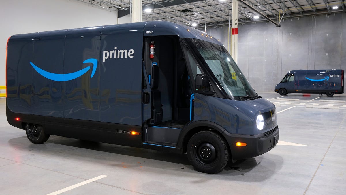 An Amazon electric delivery truck is photographed in March 2023 at a facility in Oklahoma City.