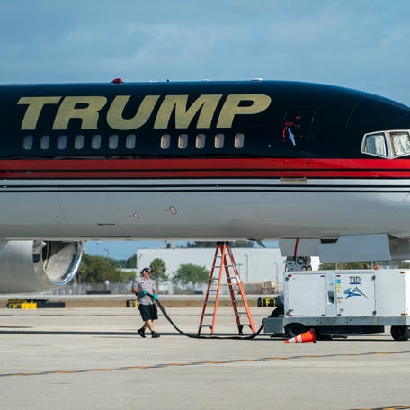 March 22, 2023; West Palm Beach, FL, USA; Former president Donald Trump's 757 plane is prepped at West Palm Beach, Florida on March 22, 2023. Mandatory Credit: Greg Lovett-USA TODAY NETWORK
