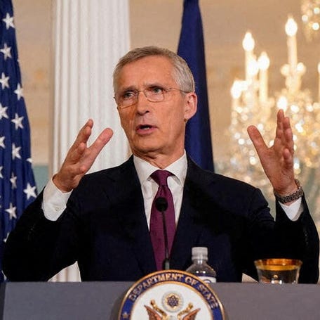 FILE PHOTO: NATO Secretary General Jens Stoltenberg speaks during a joint news conference with U.S. Secretary of State Antony Blinken at the State Department in Washington, U.S., June 18, 2024. REUTERS/Elizabeth Frantz/File Photo