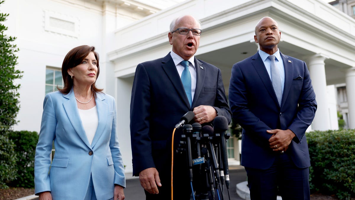 Governors Kathy Hochul of New York, Tim Walz of Minnesota and Wes Moore of Maryland speak to reporters after a meeting with U.S. President Joe Biden at the White House on July 03, 2024 in Washington, DC.